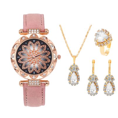 5PCS Set Luxury Watch Women Ring Necklace Earrings Rhinestone Fashion Wristwatch Female Casual Ladies Watches Bracelet Set (Code-1119)