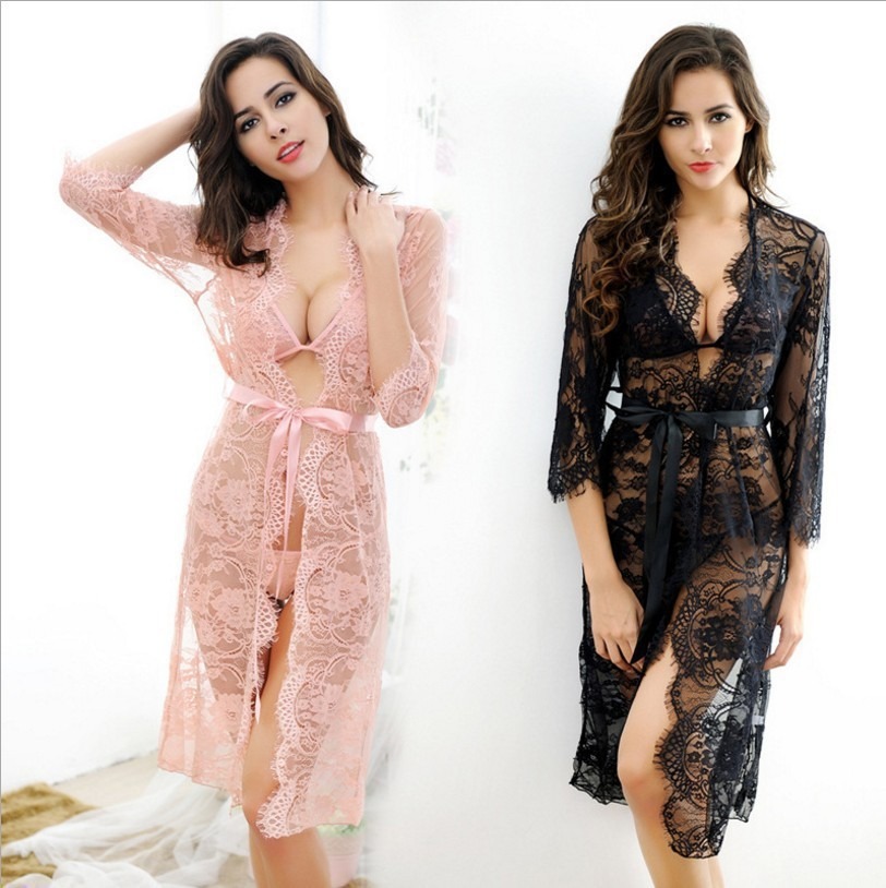 Sexy lingerie lace bathrobe three-point bra panties pajamas see-through nightdress nightclub- (8534)