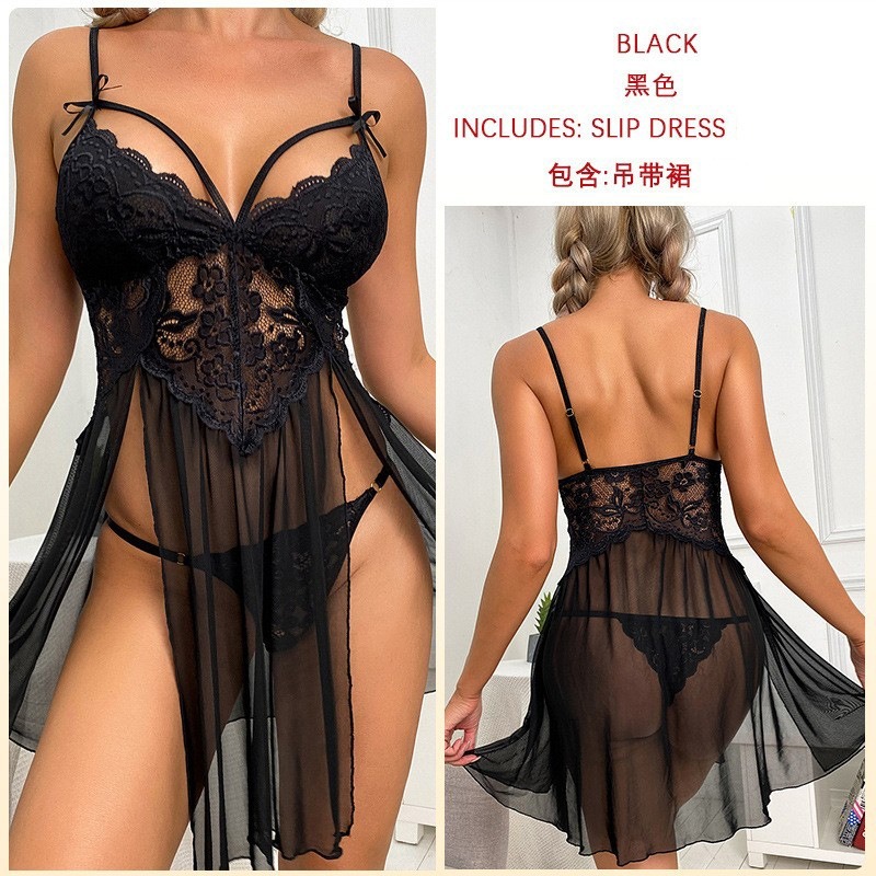sexy lingerie sexy mesh see-through pajamas lace embroidery suspenders nightdress 1154