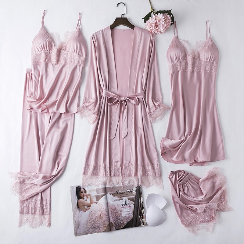 5-Piece Satin Babydoll Nighty Suit for Women –Lace Design