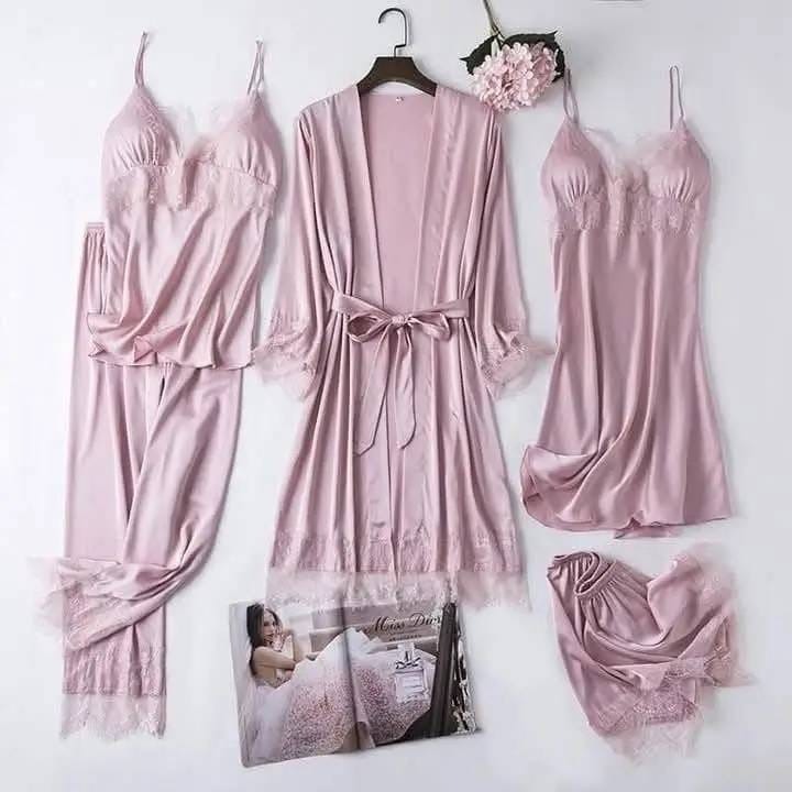 5-Piece Satin Babydoll Nighty Suit for Women –Lace Design