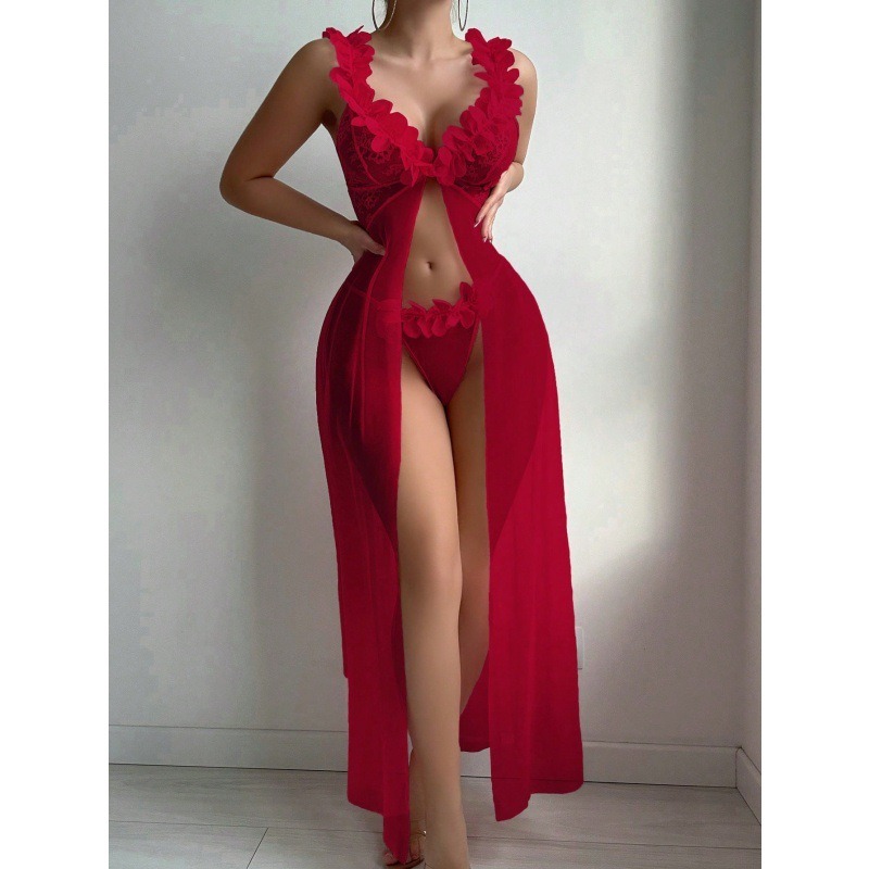 2-Piece Suspender Skirt Long Skirt Sexy Pajamas for Women with Slits and See-Through Flower Lace 1801