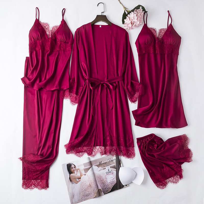 5 Pieces Padded Babydoll Nighty Suit for Women –Lace Design Padded Set