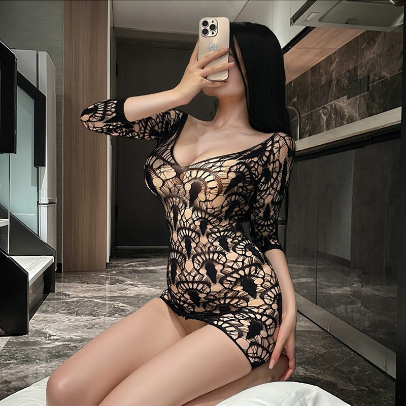 Hollow Sexy Mesh, See-Through Tight Hip Skirt, Sexy One-Shoulder One-Piece Pajamas 8026