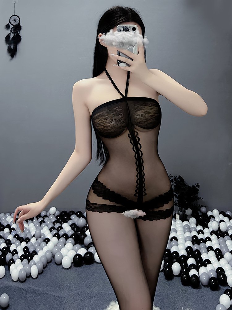 Night spring style suit lace halter one-piece stockings sexy uniform temptation free off open sexy lingerie 8102